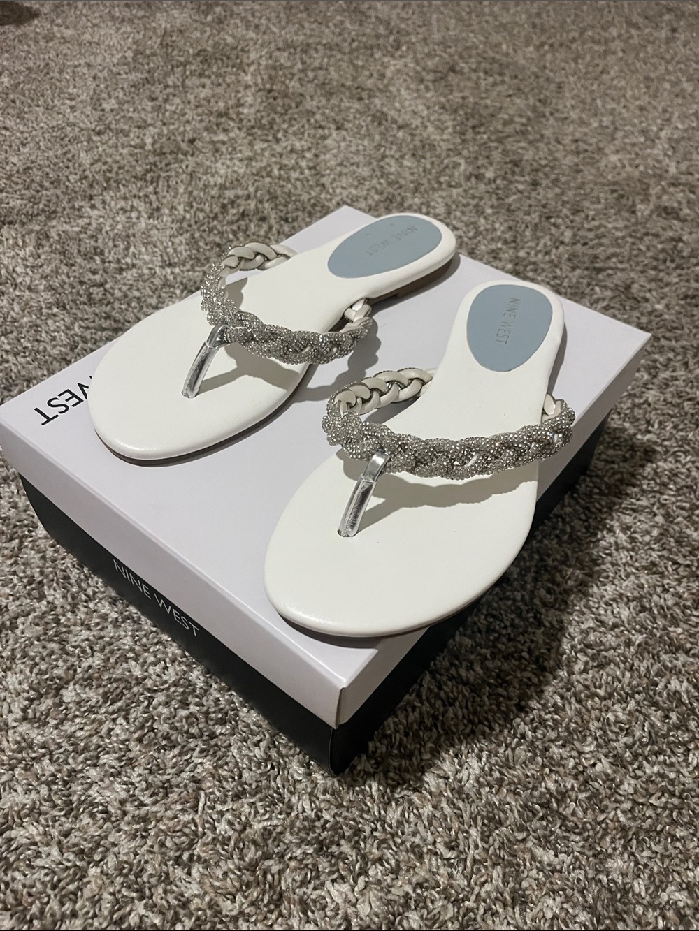 Nine West White Braided Beaded Thong Sandals with Silver Detailing